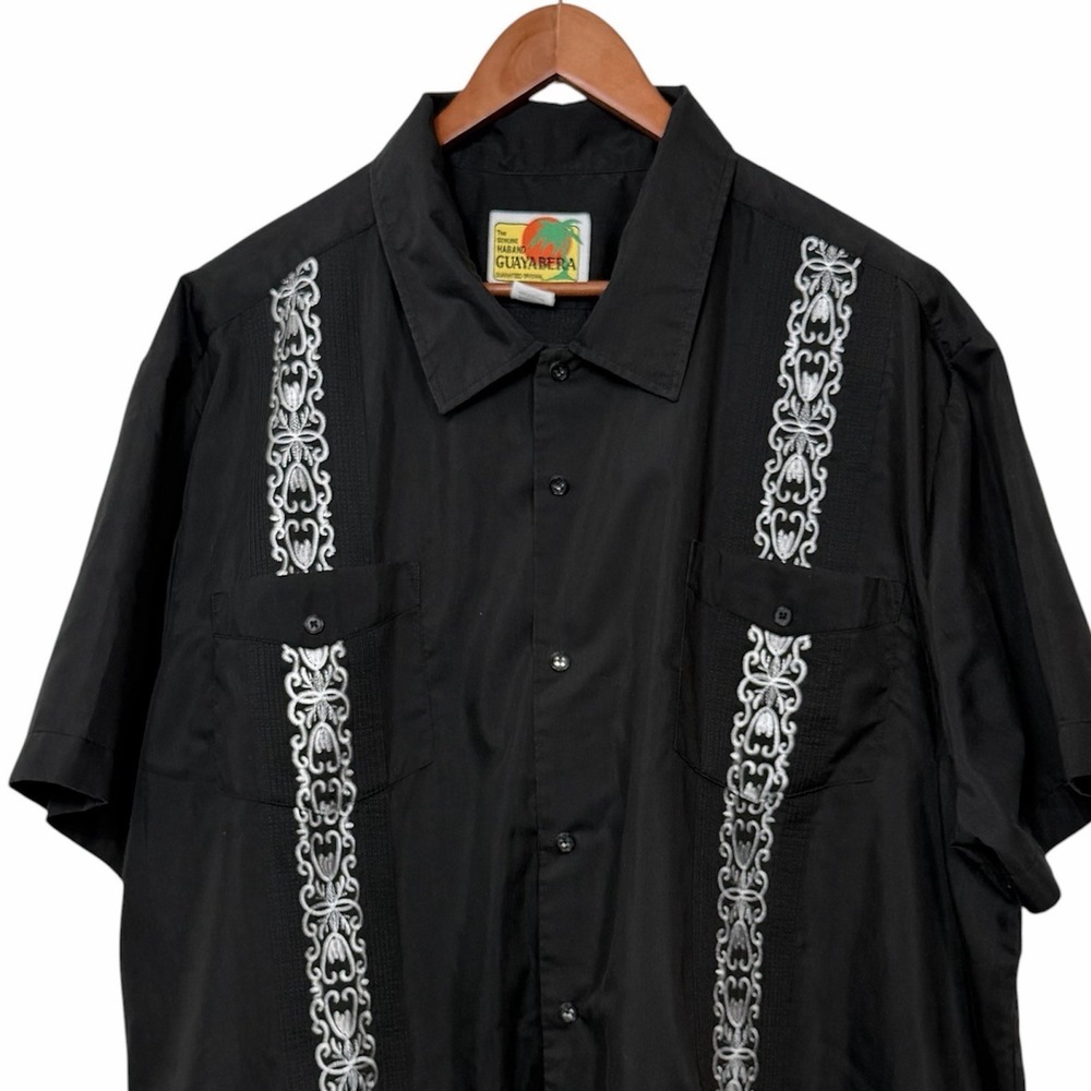 Guayabera by Haband Shirt Mens 3XL Black Embroidered Cuban Snap Camp 4 Pocket